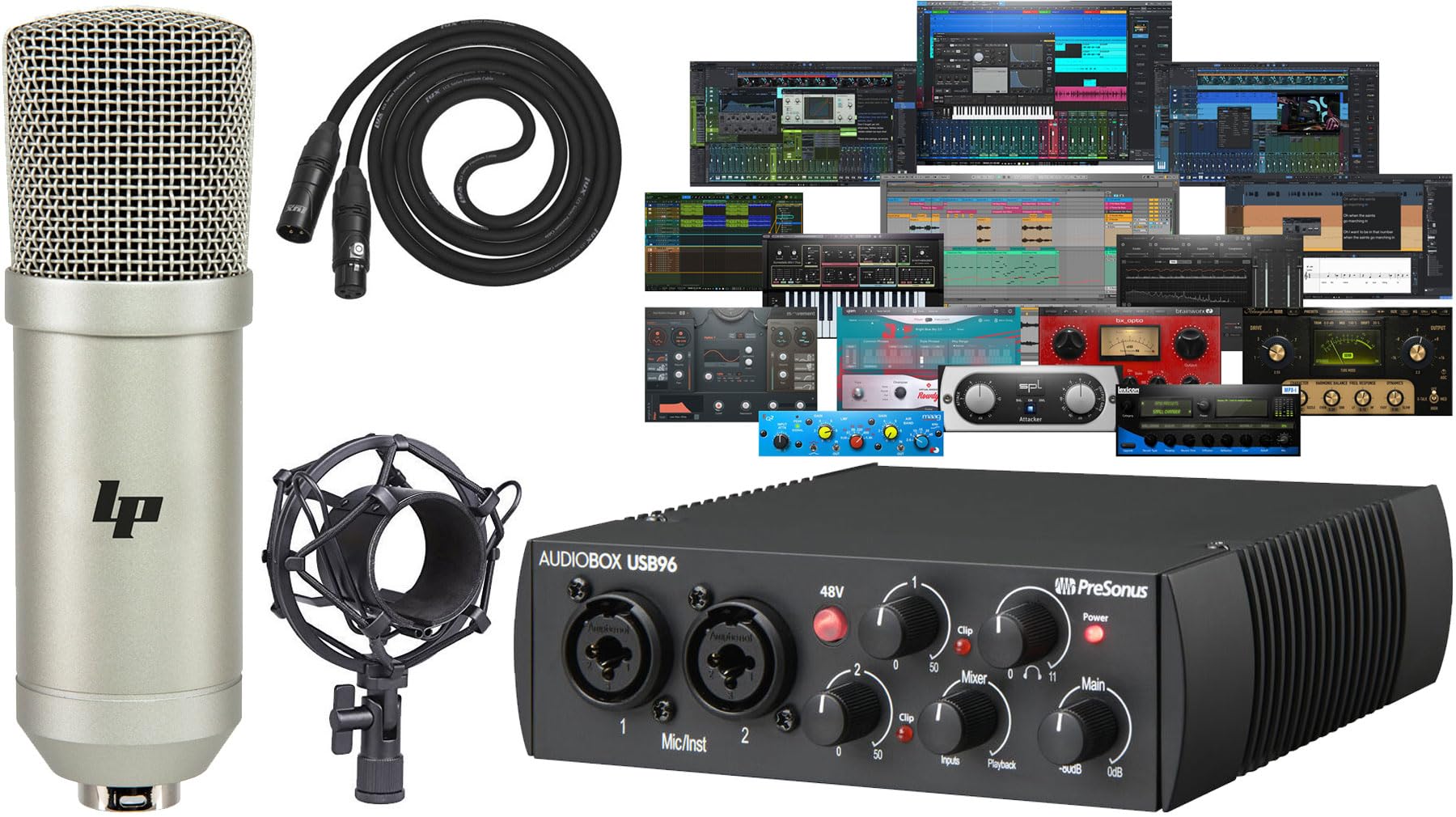 Presonus AudioBox 96 25th Anniversary Audio/Midi Recording USB Interface and NEW Updated Studio One Artist Software Kit with Condenser Microphone Shockmount and XLR Cable
