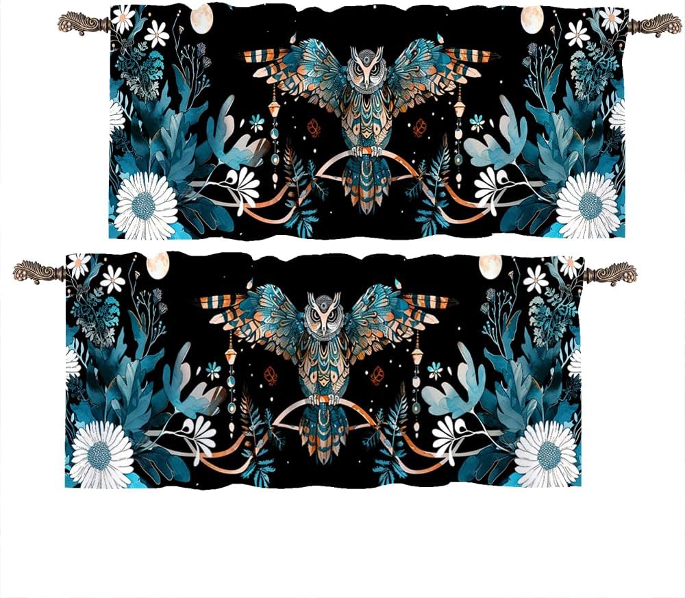 1 Panel Bohemian Flower Curtain Valance for Windows, Vintage Owl Bird Fantasy Rod Pocket Short Window Treatment Decor Drapes for Kitchen, Bathroom, 54" X 18"