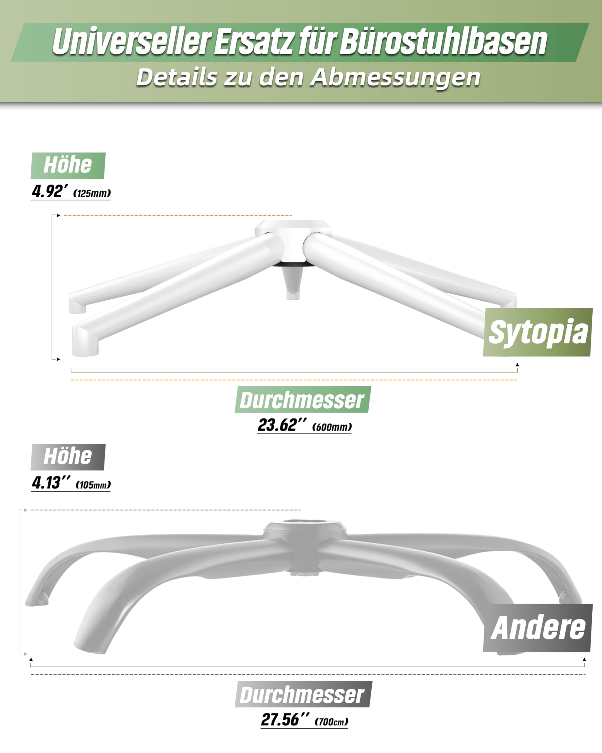 Sytopia Silla de oficina con pie en cruz, estructura robusta de 5 estrellas, base de metal giratoria, soporta más de 2600 libras, compatible con ruedas 11 mm x 22 mm