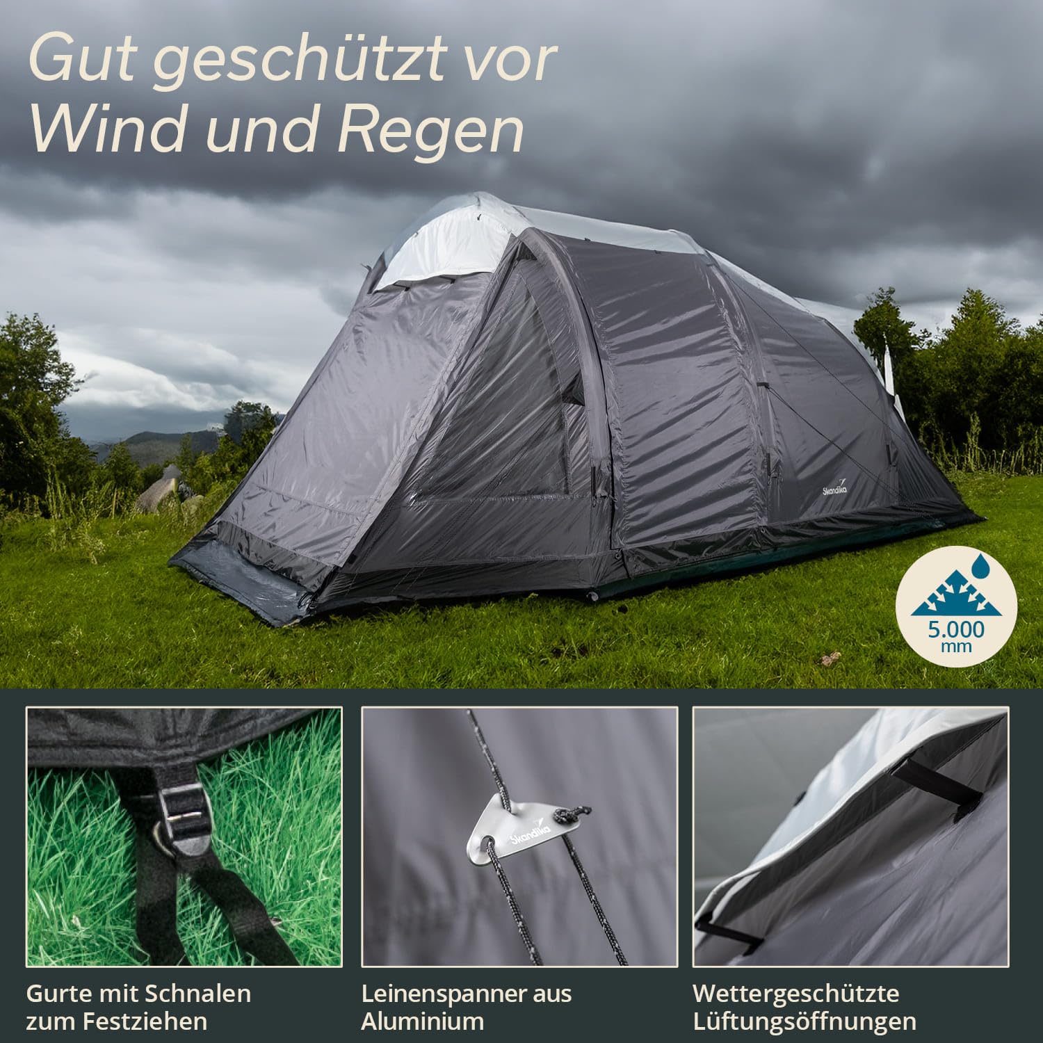 Skandika aufblasbares Zelt Folldal Air Protect | Luftzelt für 4-5 Personen, eingenähter Zeltboden, wasserdicht, 5000 mm Wassersäule, mit Pumpe, Sonnensegel | Camping Zelt, Tunnelzelt, Air Tent
