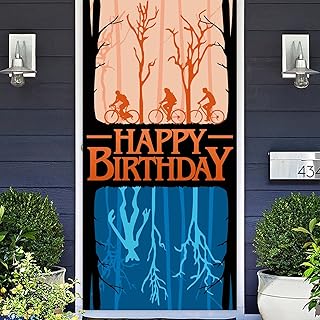 Weird Things Happy Birthday Banner Backdrop Photo Booth Props Flag Background Stranger MysteriousÂ Eleven Things Theme Decor for Boy Movie Fans 1st Birthday Party Favors Supplies Decorations