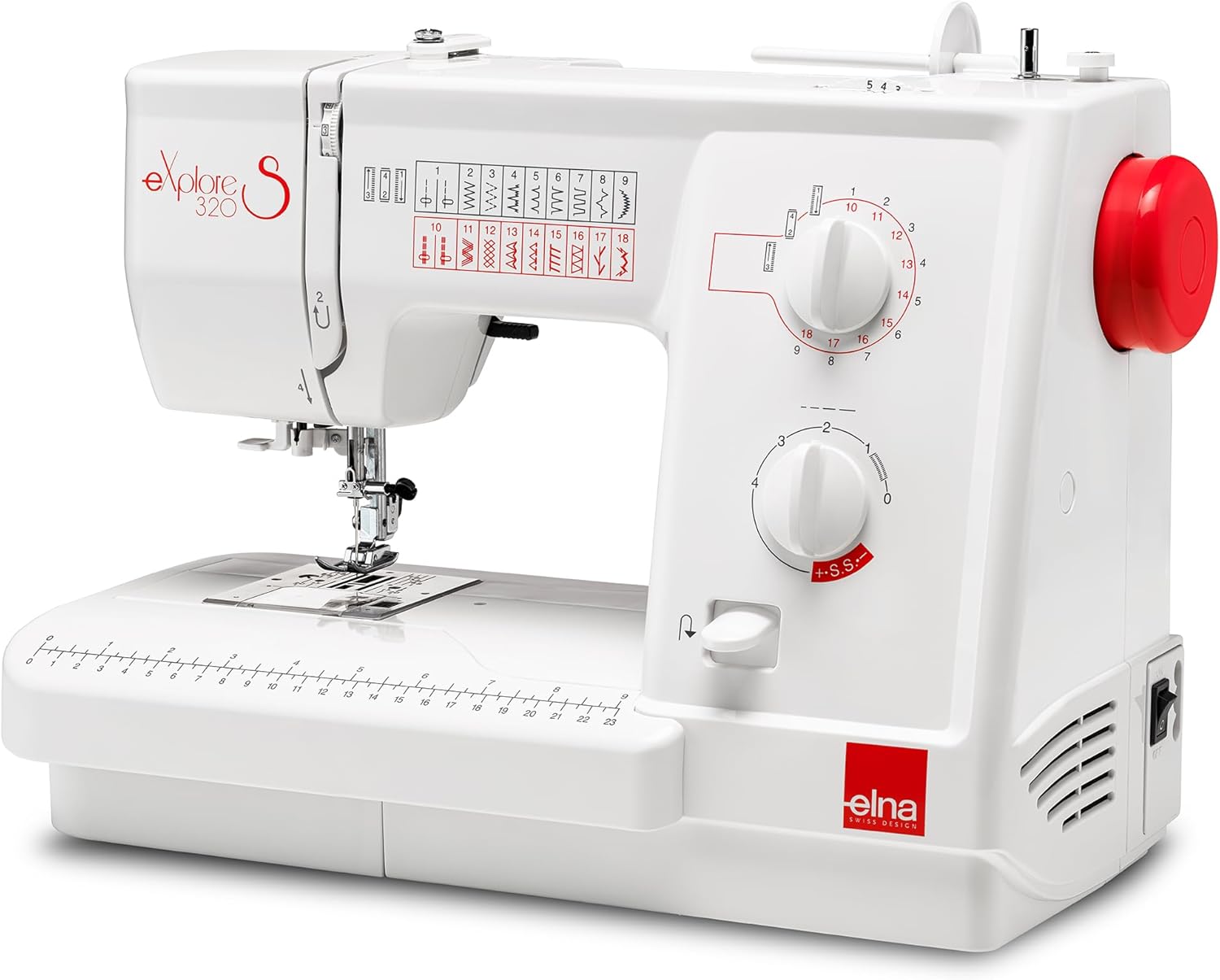 Elna Explore 320s Mechanical Sewing Machine with 19 Stitches including Utility, Decorative, and Stretch, Jam-Proof Top Loading Bobbin in a Portable Design with Extra-Wide Sewing Bed