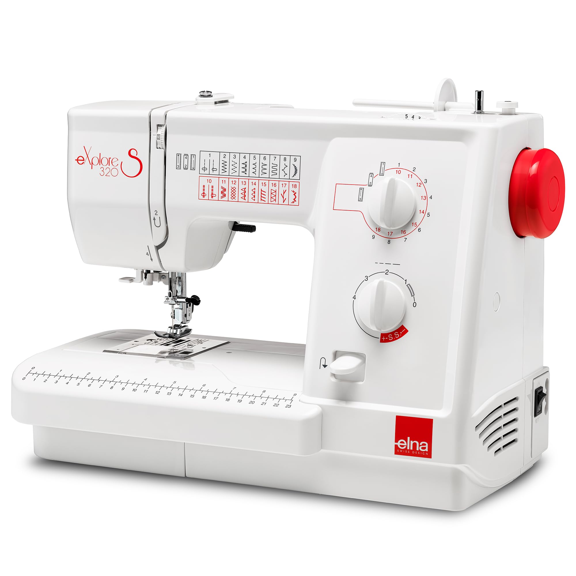 Elna Explore Macchina da cucire meccanica degli anni '320 con 19 punti con utilità, decorativa ed elastica, bobina di ricarica superiore contro la congestione dal design portatile con dimensioni del