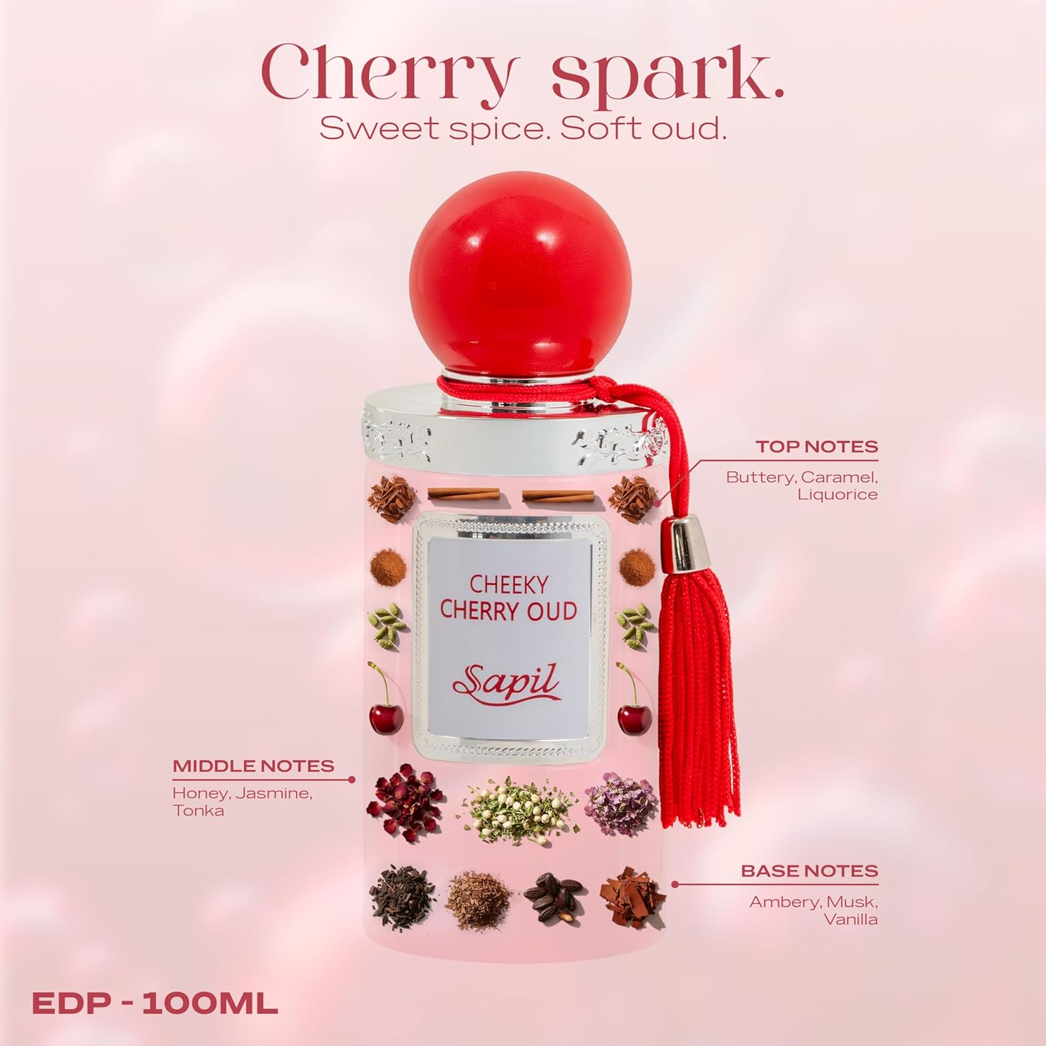 Sapil Cheeky Cherry Oud Eau de Parfum – Long Lasting Unisex Floral Oud Perfume | Cherry, Jasmine & Leather Notes | Sweet Spicy Oud Fragrance | 3.4 oz / 100ml - Image 2