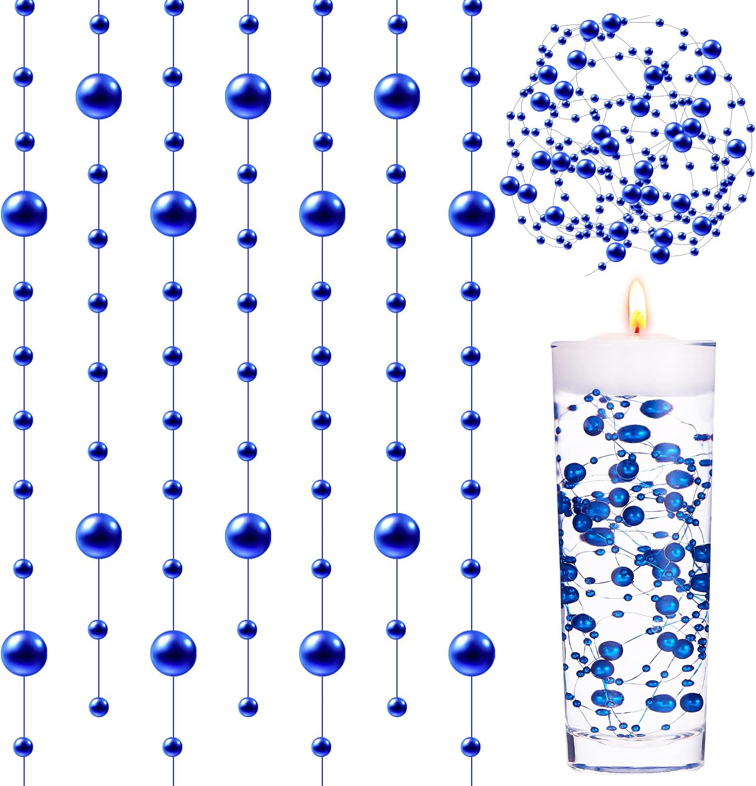 Tondiamo 24 Pcs Artificial Pearl String for Floating Candle Faux Pearls Beads String Party Garland Decoration for Vases Filler Wedding Centerpiece Christmas Party Decor(Blue)