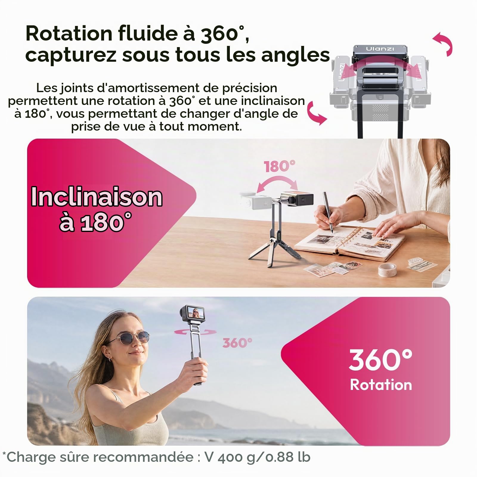 ULANZI MA37 Mini trépied à dégagement Rapide Compatible avec DJI Osmo Action 6 et Action Nano, trépied de Table magnétique à Verrouillage Rapide avec Griffe Froide 1/4-20, Perche à Selfie Vlog en