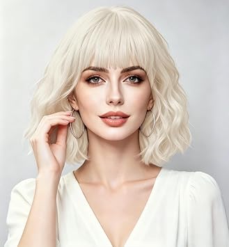 Short Platinum Blonde Bob Wig for Women Wavy Creamy Champaign White Wig with Bangs Shoulder Length Synthetic Costume Wig for Halloween,Cosplay,Daily Use