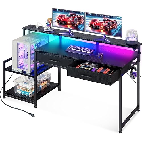 ODK Gaming Desk with Led Lights & Power Outlet, 55 Inch Computer Desk with Drawers, Office Desk with Large Display Storage Shelves, Reversible Desk with Monitor Stand for Home, Carbon Fiber Black
