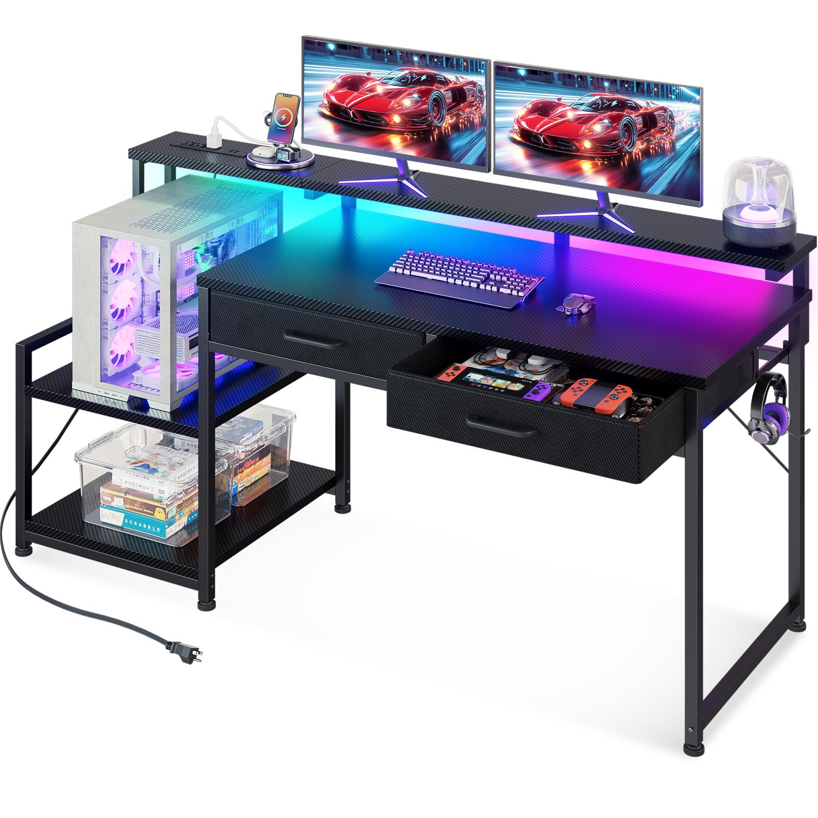 ODK Gaming Desk with Led Lights & Power Outlet, 55 Inch Computer Desk with Drawers, Office Desk with Large Display Storage Shelves, Reversible Desk