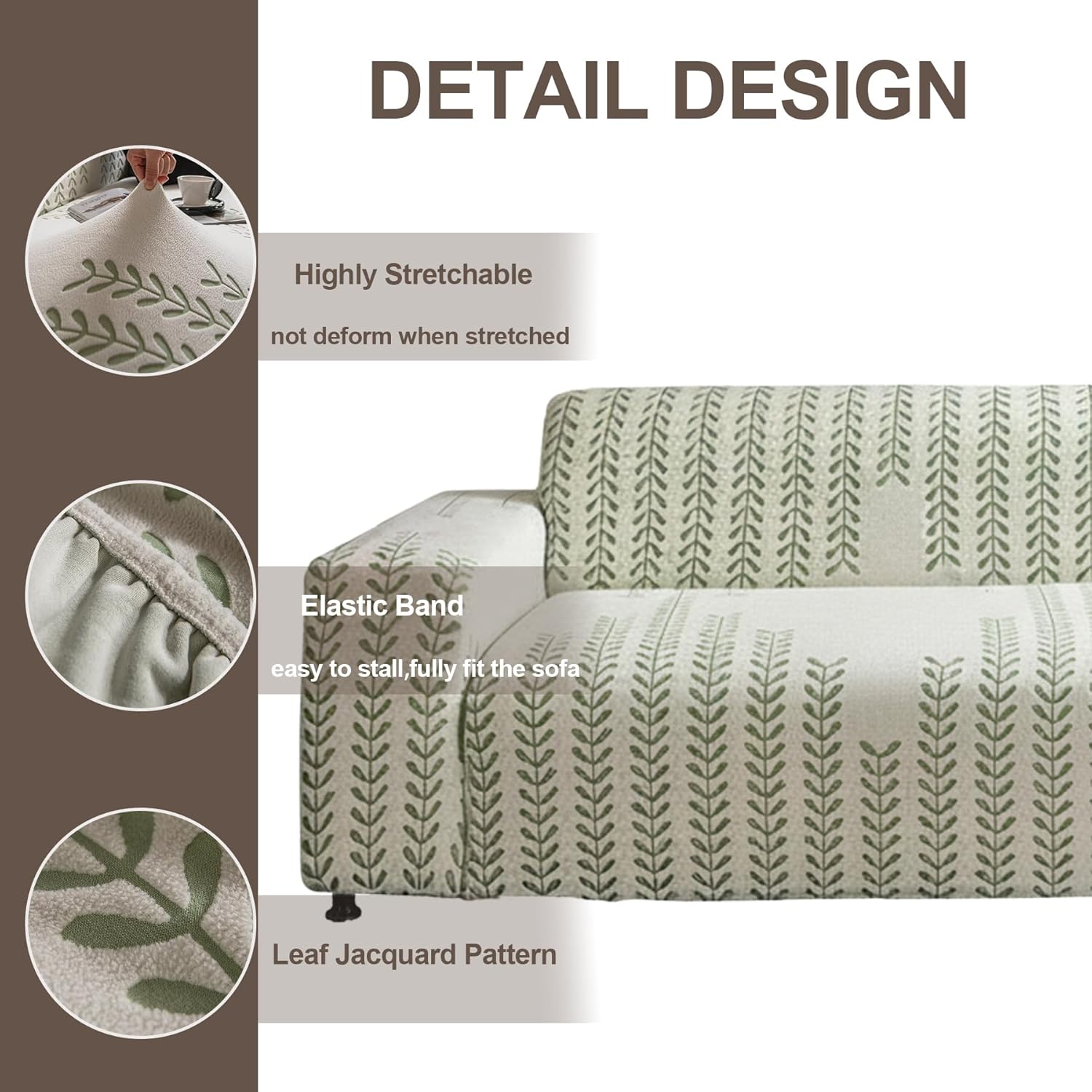 1 Piece Stretch Couch Cover for 3 Cushion Couch, Washable Sofa Slipcover with Green Leaf Pattern, Pet-Friendly Furniture Protector with Elastic Bottom for Kids and Pets (Large, Green)