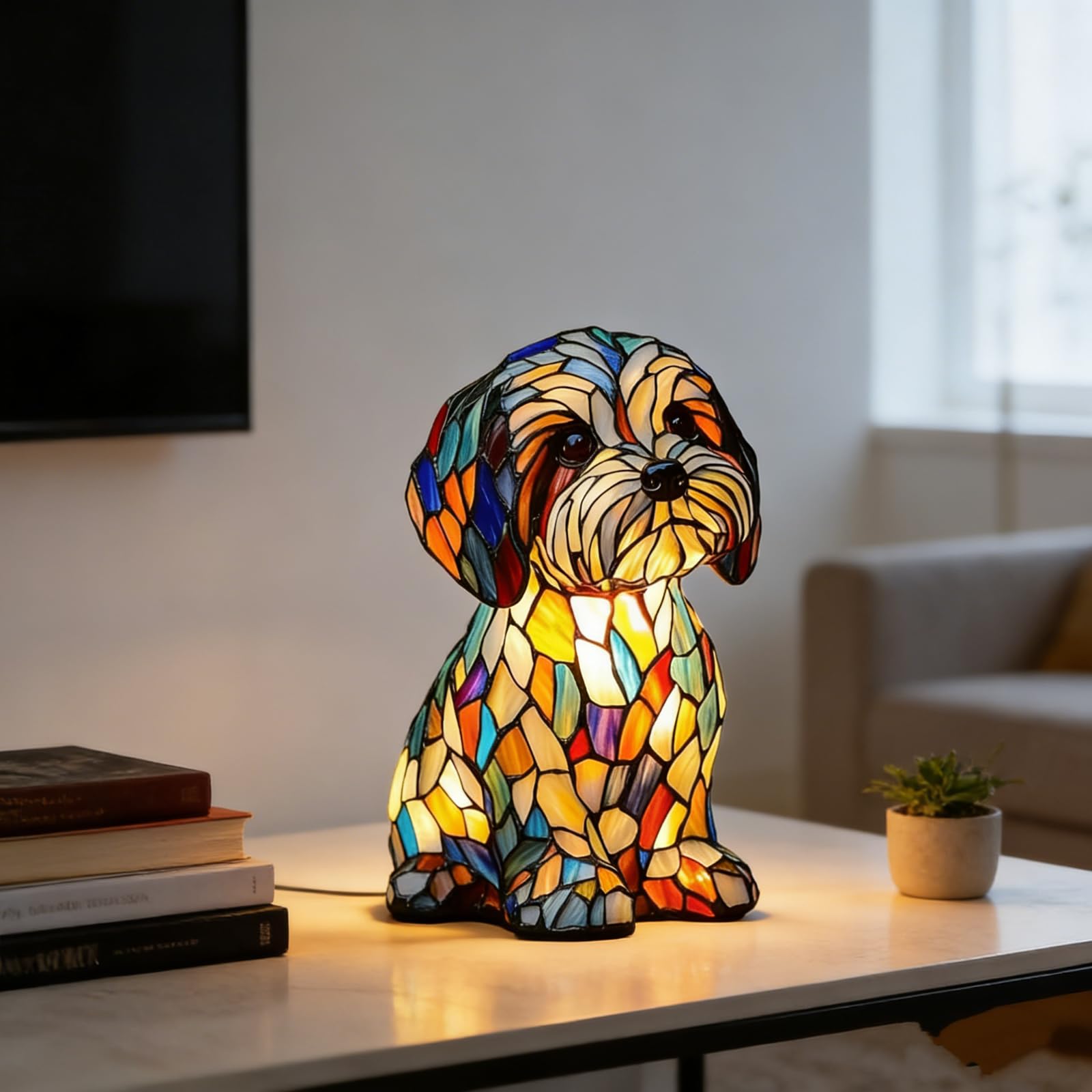 Lampe Chien Vitrail, Veilleuse Chien, Stained Glass Dog Lamp, Décoration Intérieure, Lumière LED Ambiance, pour Chambre, Bureau, Maison, Cadeau pour les Amoureux des Chiens [Classe énergétique A]