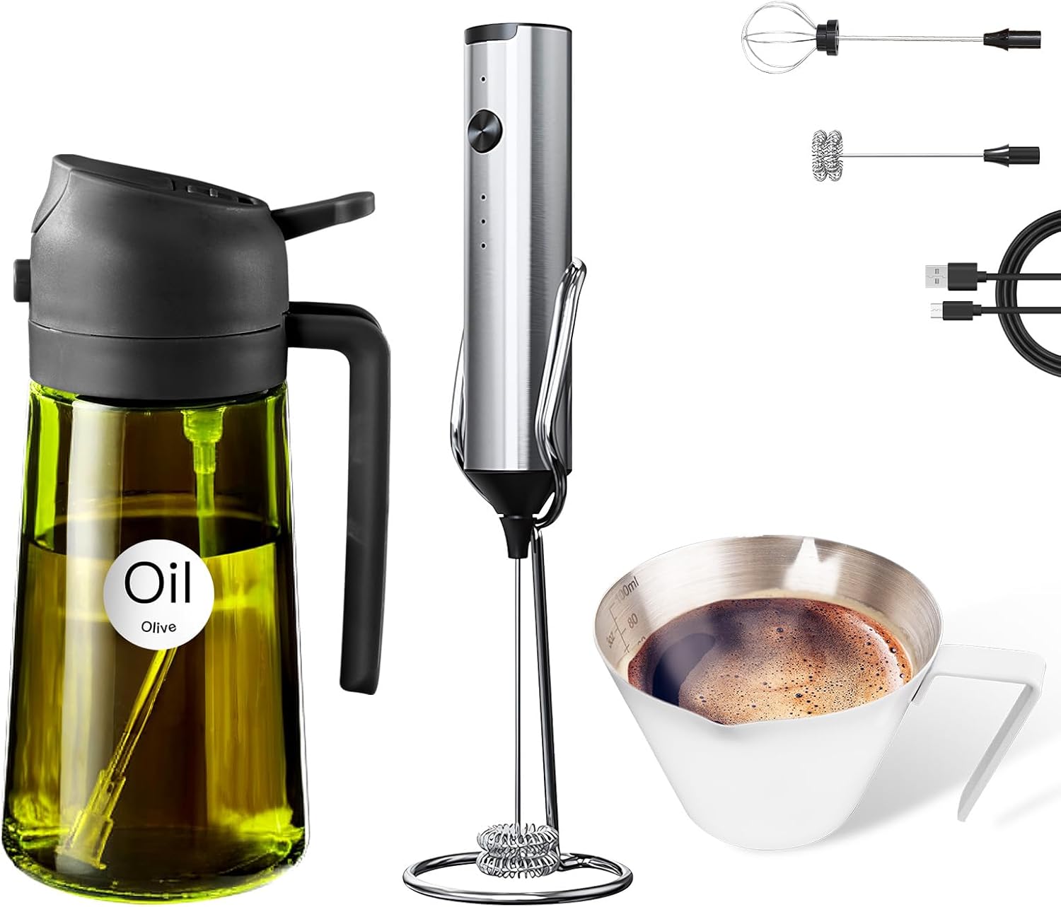YARRAMATE 16oz/470ml Glass Olive Oil Sprayer (Black), Espresso Cup and Rechargeable Milk Frother