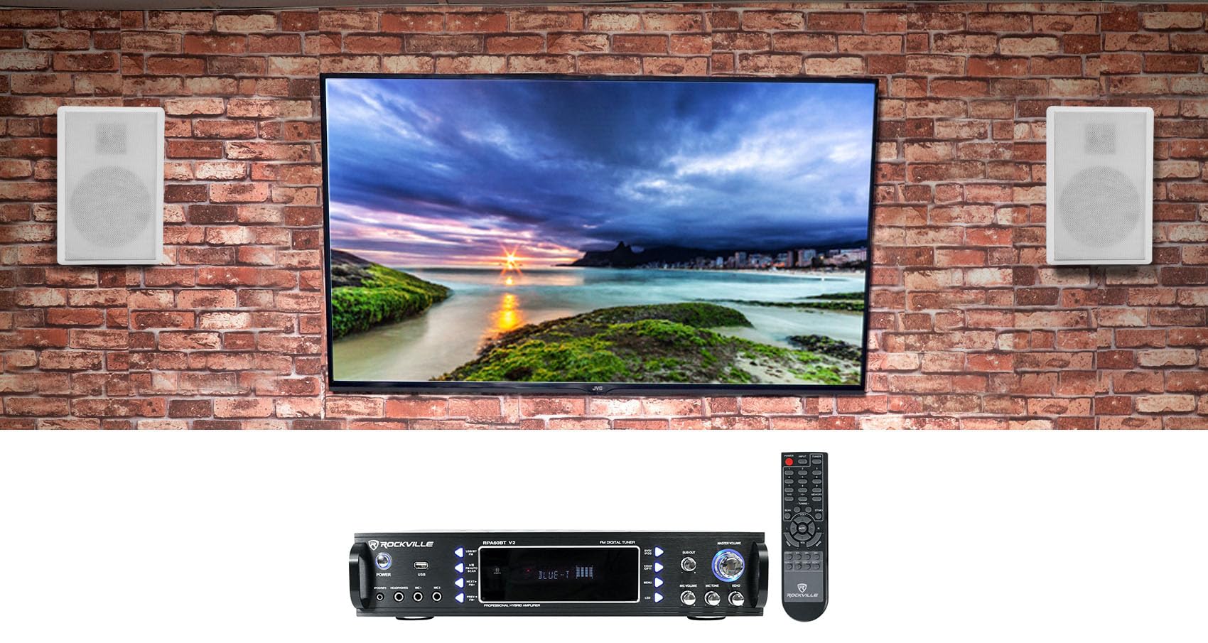 Rockville Bundle: RPA60BT V2 1000-Watt 2-Ch USB Amplifier Bundle with Pair of RockSlim White Home Theater 5.25" 240-Watt Easy Wall Mount Slim Speakers (2 Items)