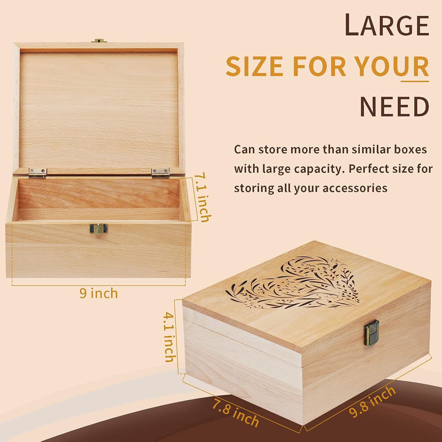 EXISTING Caja de recuerdos para recuerdos, caja de almacenamiento de madera cortada con láser con tapa con bisagras, cajas grandes de recuerdo, almacena joyas, juguetes, fotos y recuerdos en una caja