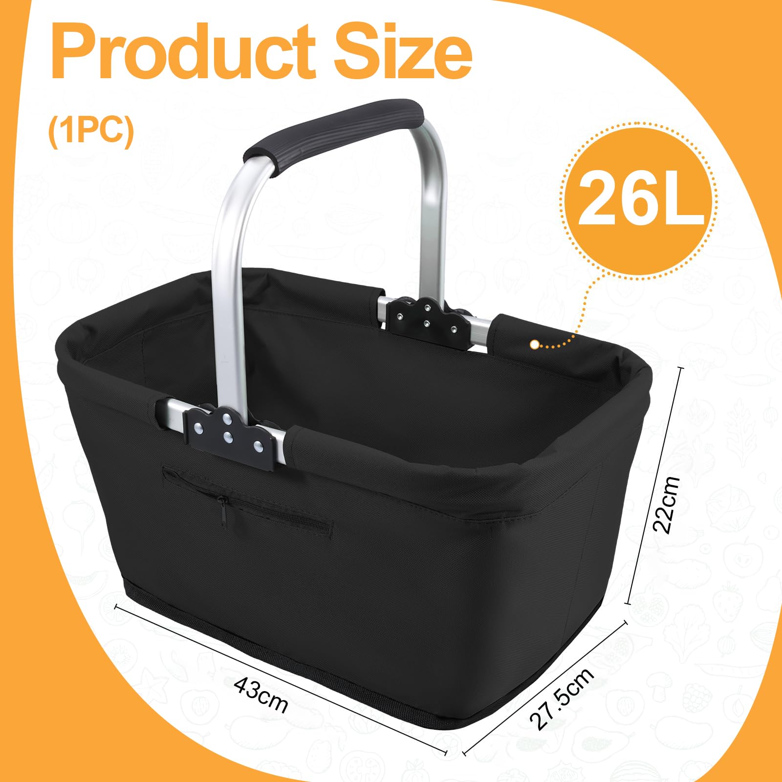 Einkaufskorb, 26L Cesta de Compras Plegable, Resistente y Gran Capacidad, Ideal para Familia, Compras, Viajes y Camping (Negro)