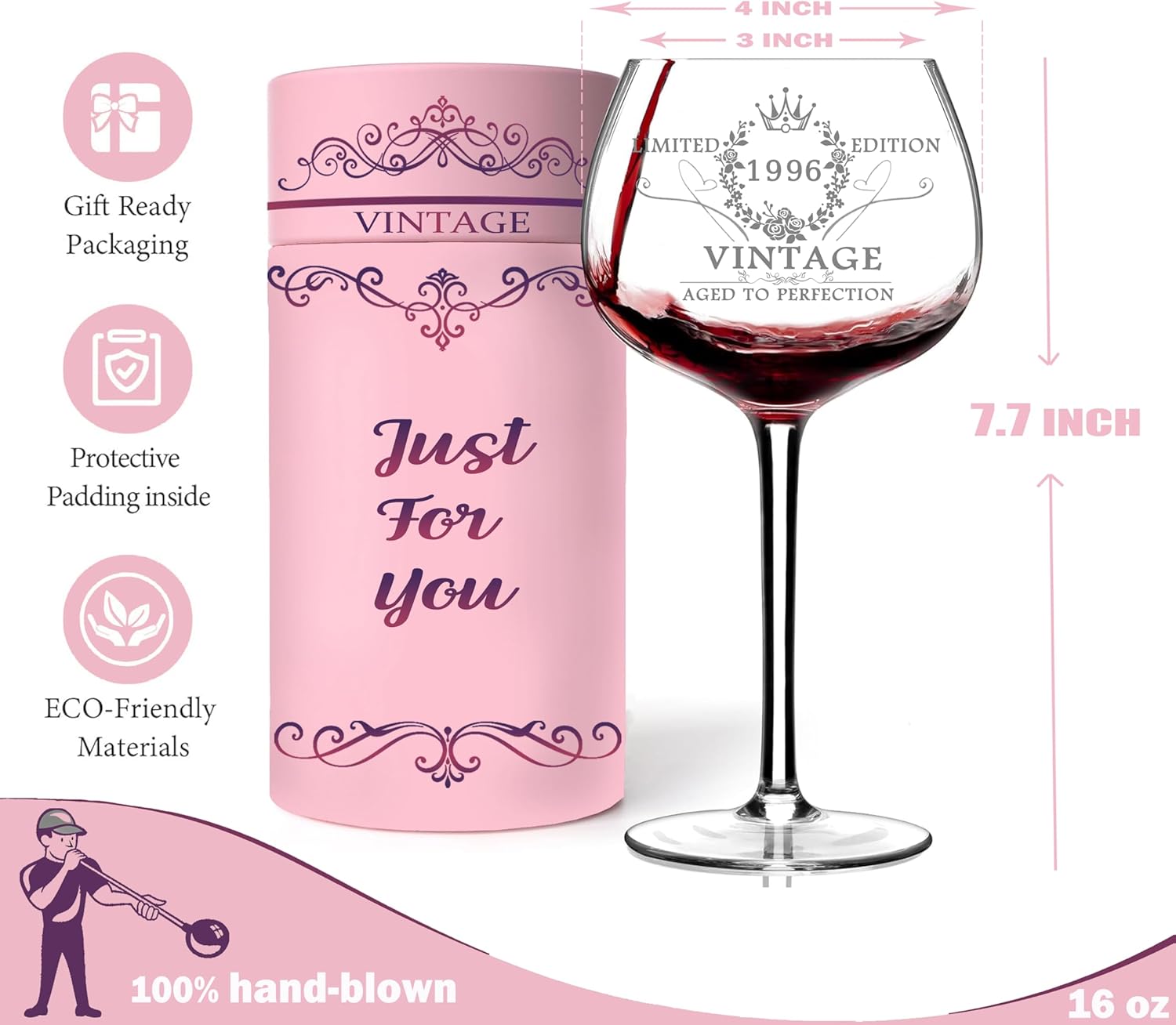 30TH Birthday Gifts for Her, Vintage 1996 Engraved 30th Hand-Blown Wine Glass, 30 Year Old Birthday Decorations For Women, Funny 30 Bday Gifts Idea For Woman, Friends, Daughter, Wife, Sister - Image 3