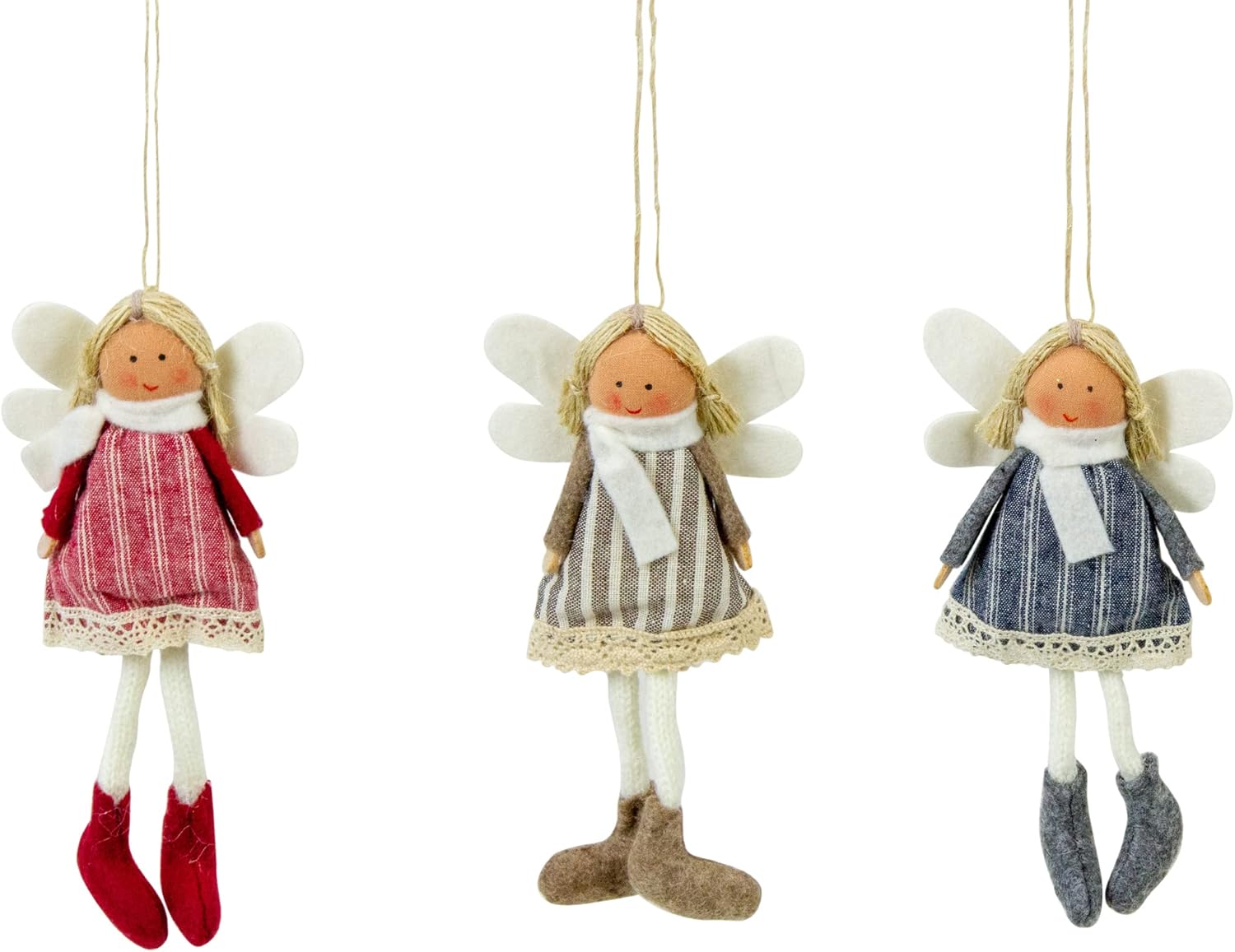 Set of 3 Hanging Angel Doll Christmas Ornaments with Striped Dresses