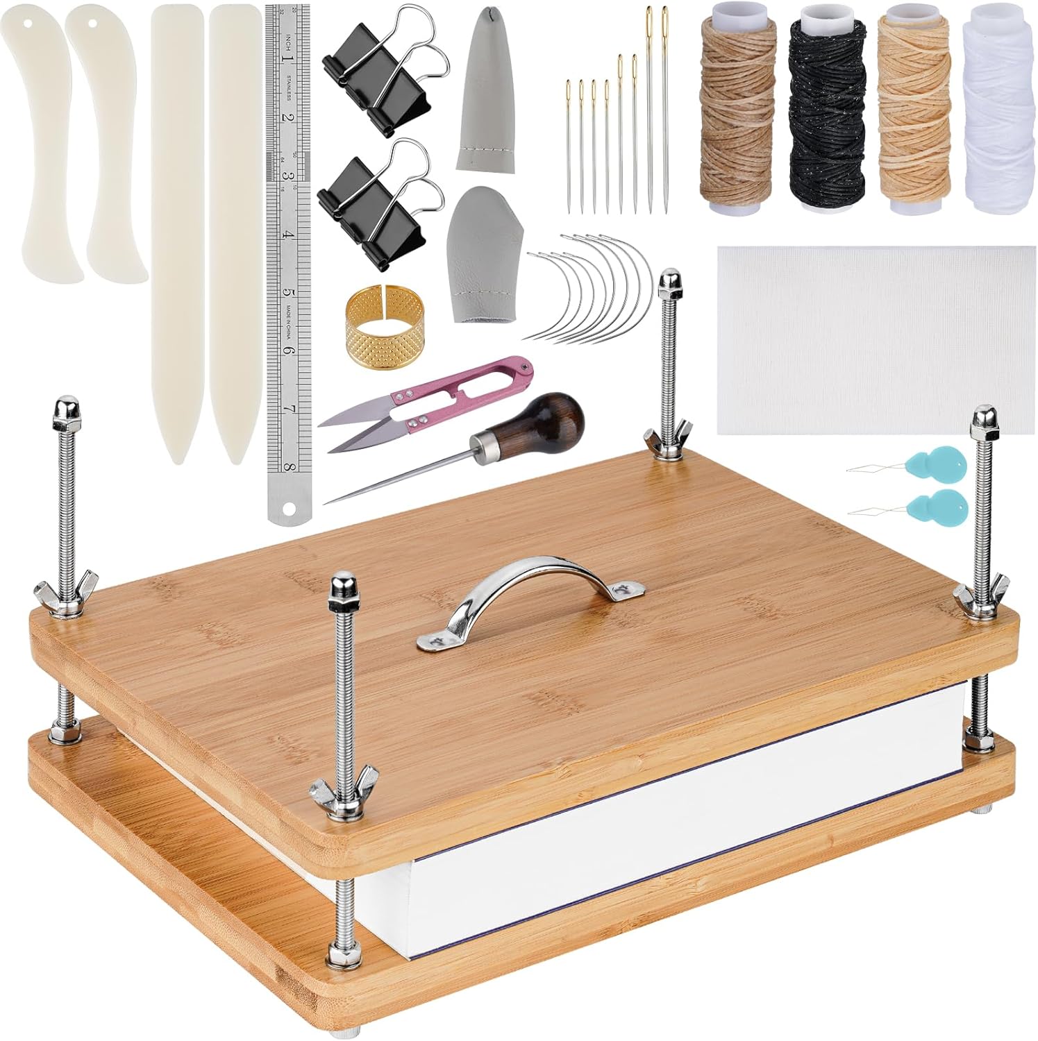 NiHome 35 PCS Book Press Binding Kit for Notebooks, Lesson Plans, Document Organization - Compact Bamboo Bookbinding Tools, Book Binding Supplies with Portable Handle for Beginners DIY