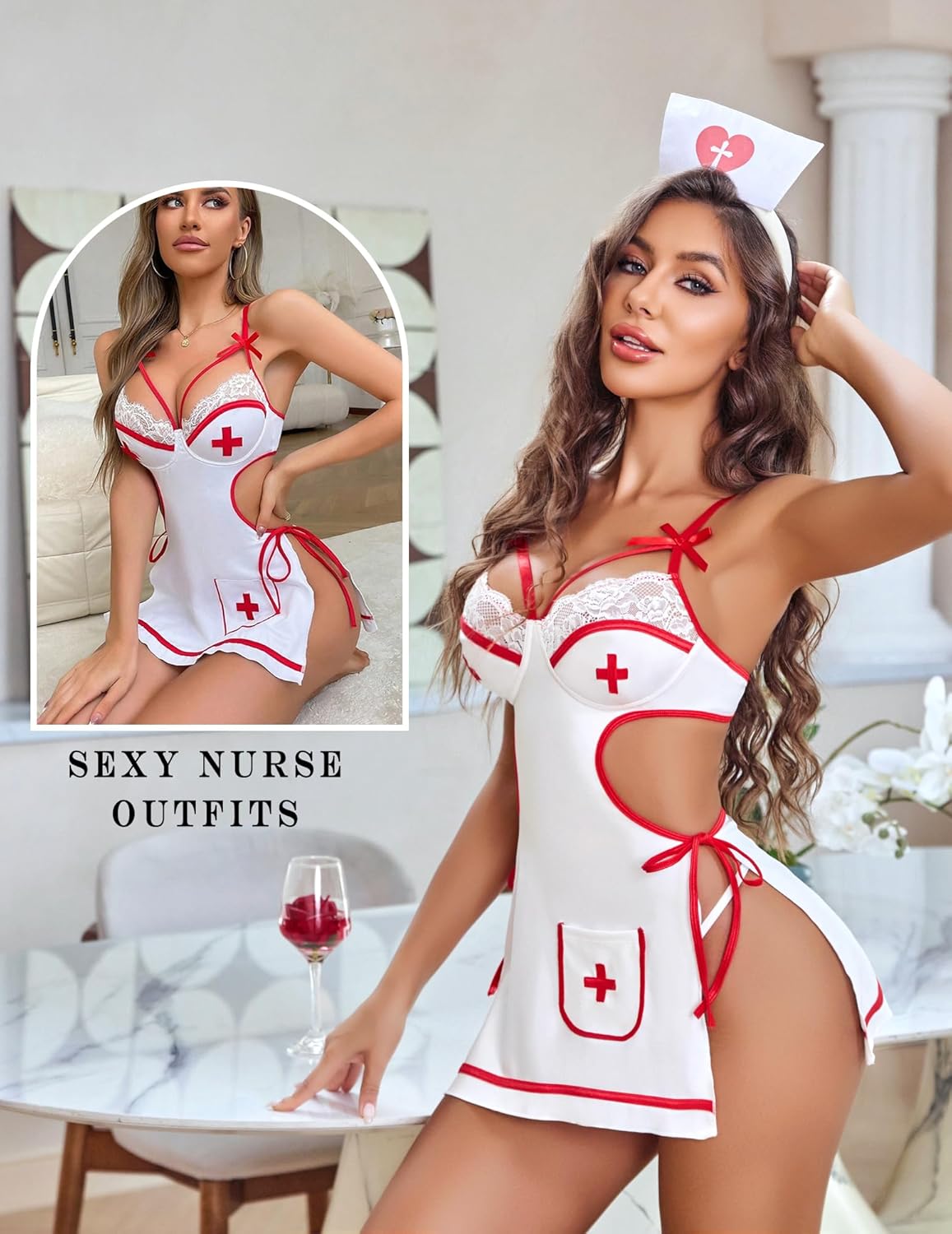 Avidlove Women Nurse Lingerie Babydoll Dress with G-String Sexy Role Play Costume Side Slit Nighty - Image 3