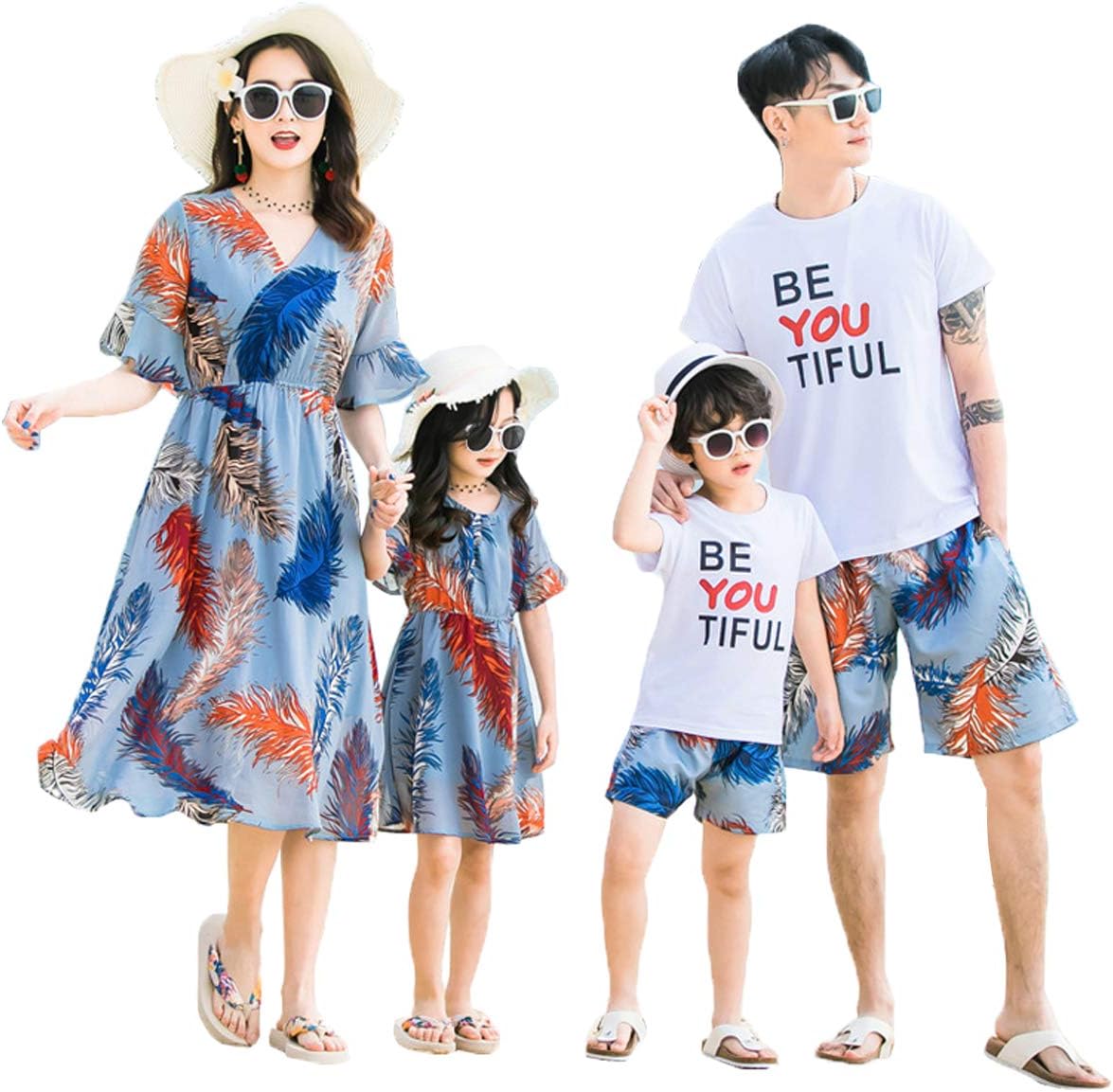 Summer Family Matching Outfits Floral Mommy Daughter Dresses & Daddy Babies T-Shirt Pants Parent-Child Clothing (Boy B, Size 150)