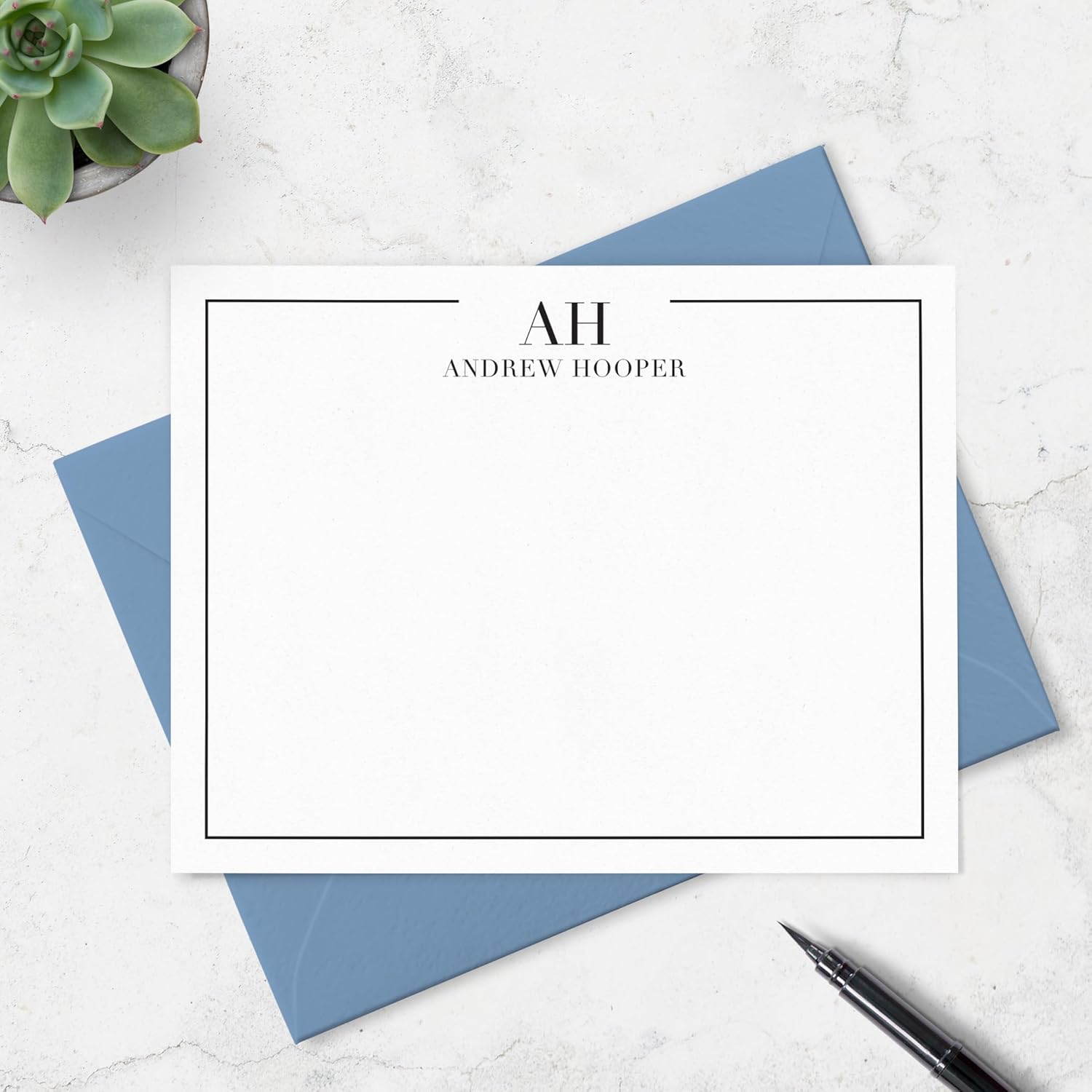 Fairmont & Grove Personalized Note Card & Envelope Stationary Set with Border, Monogram and Full Name, Custom Stationery Set of Flat Notecards in Choice of Colors Paper Co. (Style #3)