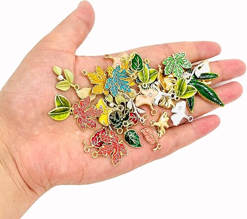 Miniatura 2 de HAPLOVE 79 dijes esmaltados de hojas de árbol de hojas verdes, cuentas de metal chapadas en oro para hacer joyas, pulseras, collares, manualidades,