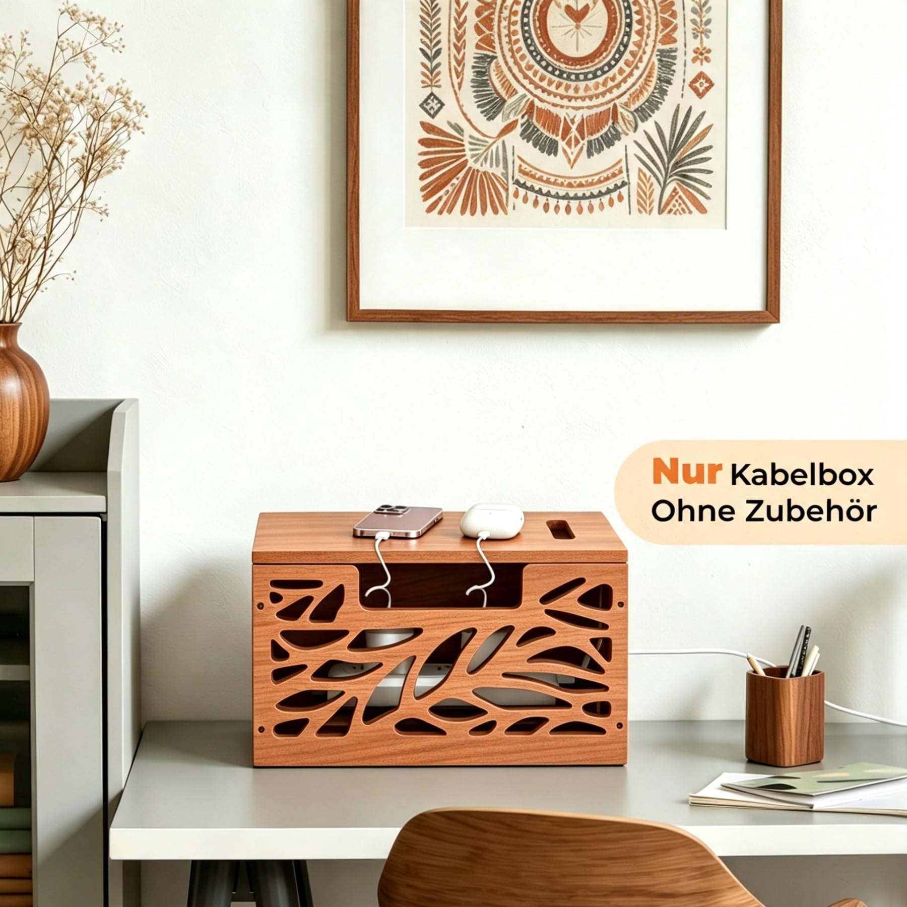 Große Kabelbox Holz mit Deckel zum Verstecken von Kabeln für Zuhause & Büro | Kabelmanagement box gegen Kabelsalat, HxBxT: 20,5 x 34,4 x 20 cm, Steckdosenbox mit Lüftung für Steckdosenleisten Verstecken