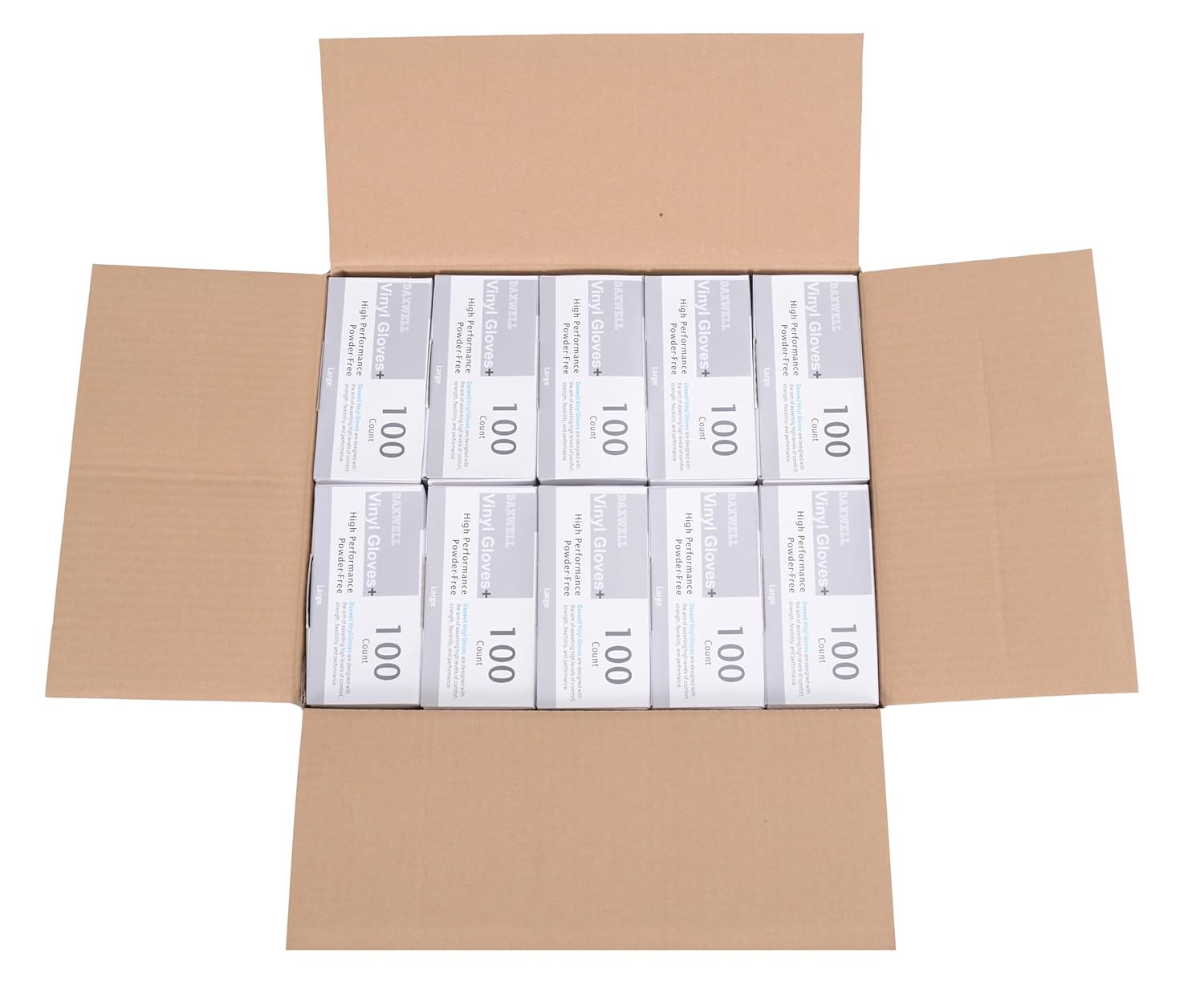 Daxwell Vinyl Gloves, Powder Free, Large, Clear, F10001750 (Case of 1,000, 10 Boxes of 100)