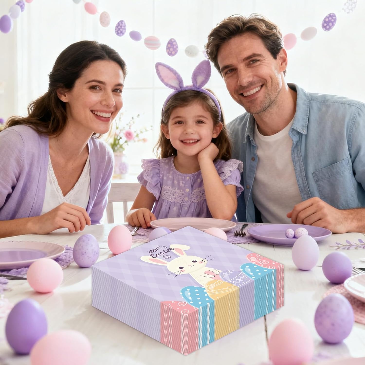 50PCS Happy Easter Paper Napkins Party Decortions, Disposable Purple Easter Bunny Napkins Luncheon Dinner Cocktail Party Table Supplies for Decoupage, Spring Holiday, Wedding, Baby Shower, Birthday