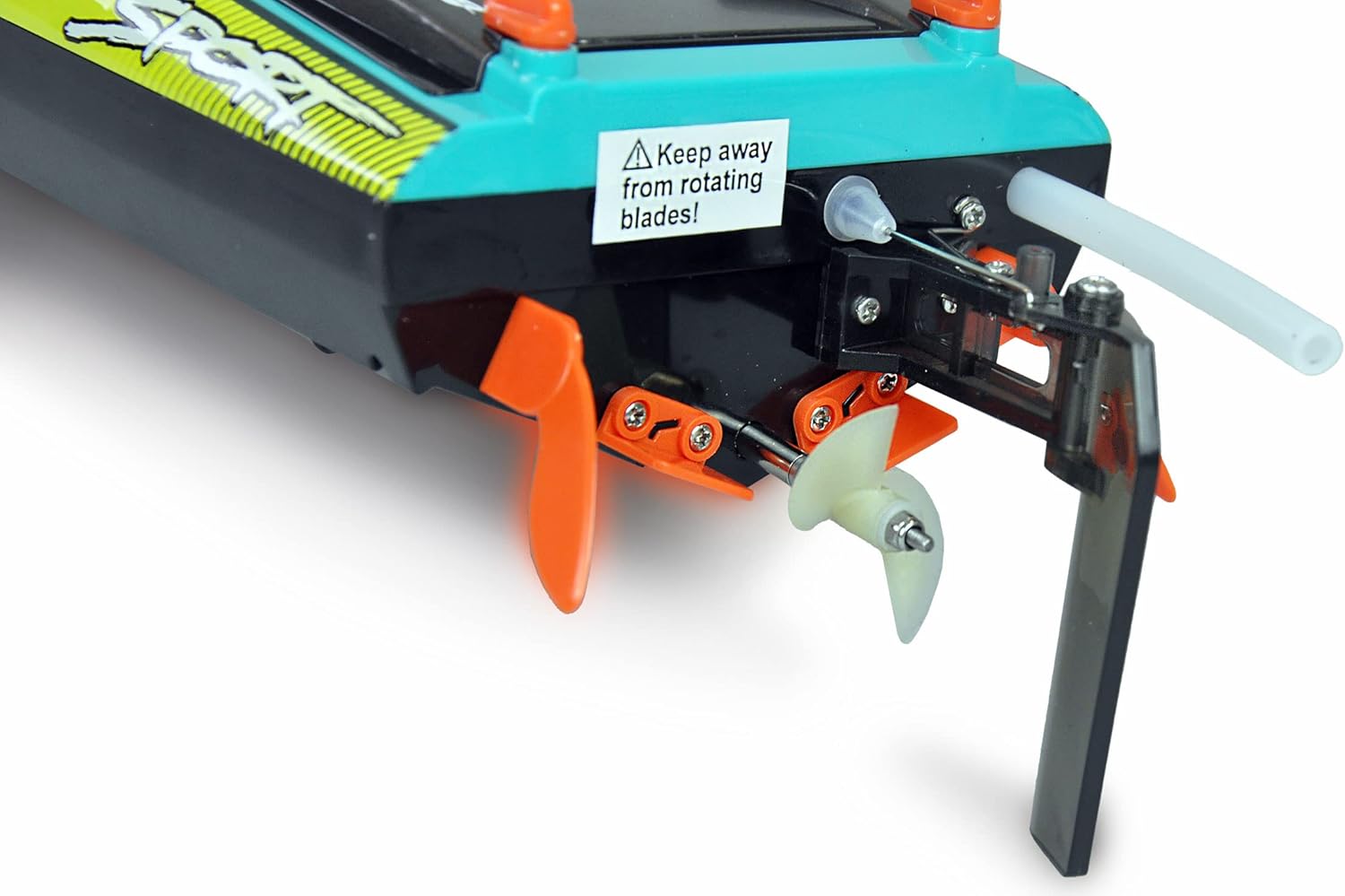 Rear view of the Amewi Tornado RC Boat showing the propeller, rudder, and water cooling outlet.