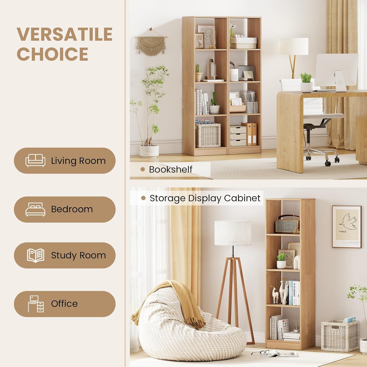 Giantex 56" Tall 4 Cube Bookcase, Natural Freestanding 15" Wide 5-Tier Narrow Open Display Bookshelf w/ 4 Anti-Tipping Kits, Wooden Cube Storage Organizer for Small Place, Living Room, Bedroom