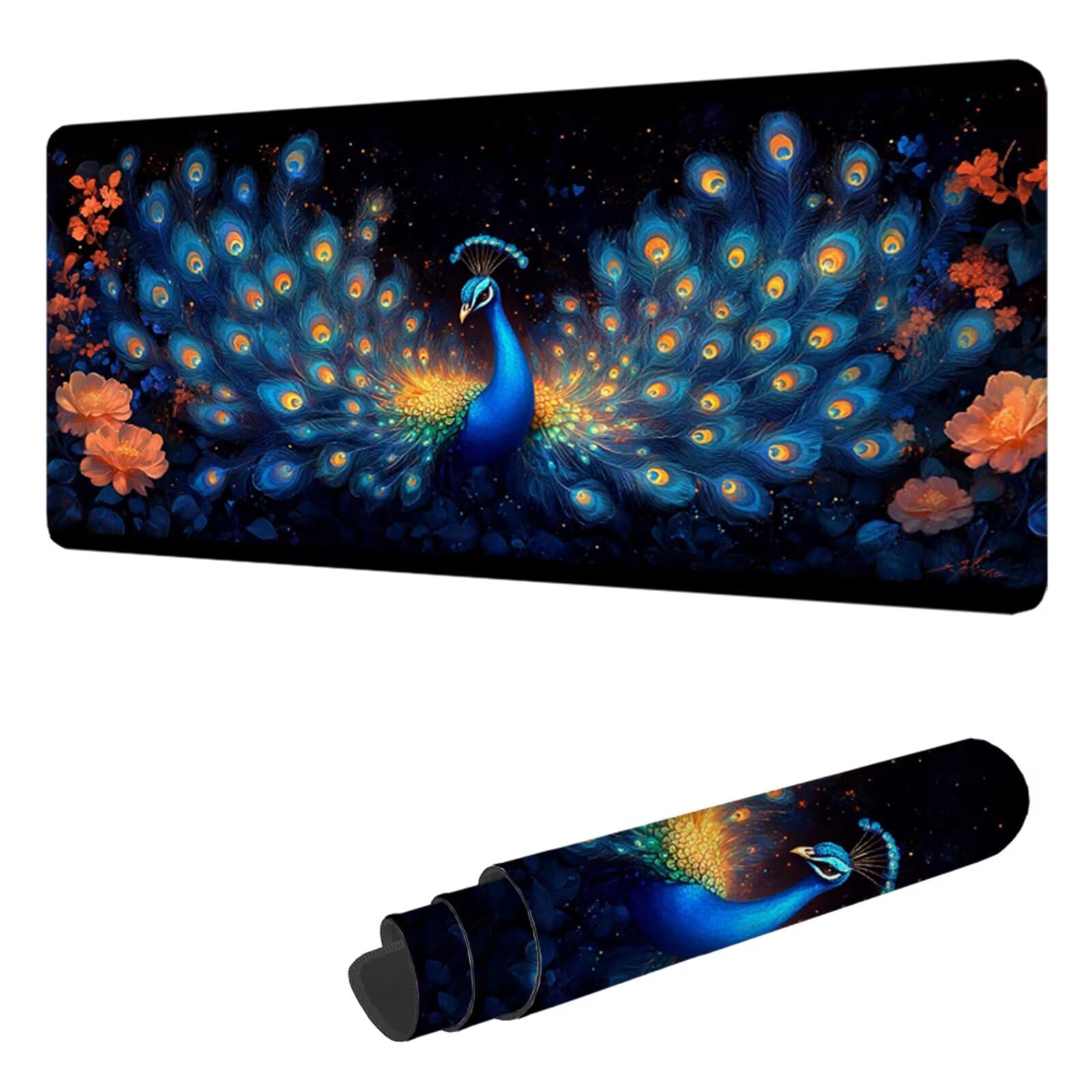 Podkładka pod mysz z pawiami XXL 1200 x 600 mm, podkładka na biurko ze zszytymi krawędziami, podkładka pod mysz zwierzęcą z wodoodporną i antypoślizgową gumą, do biura i domu, prezenty dla mężczyzn H