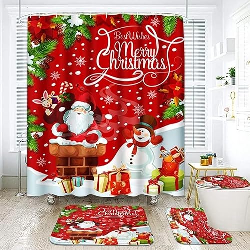 Miniatura 1 de Cortina de ducha impermeable de Navidad, con alfombras antideslizantes, cubierta de tapa de inodoro y alfombrilla de baño, juego de accesorios de