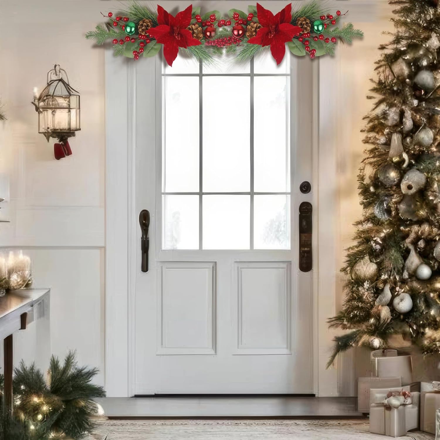 Artificial Christmas Swags for Front Door Xmas Door Swags Red Berries Pine Cones Poinsettia and Christmas Balls Swag Wreath for Outdoor Wall Lintel Mailbox Mantels Stair Hanging Decor