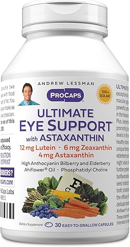 ANDREW LESSMAN Apoyo ocular definitivo con astaxantina 30 cápsulas blandas - 12 mg de luteína, 6 mg de zeaxantina, 4 mg de astaxantina, arándano.
