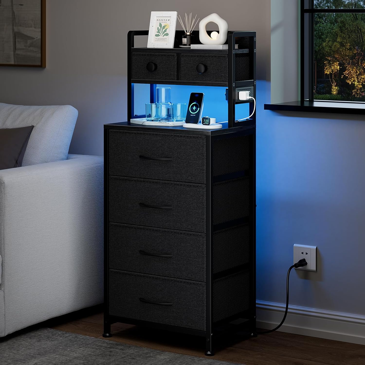 REAHOME 41 Inch Tall Nightstand with Charging Station, LED Night Stand with 6 Fabric Drawers, Bed Side Table with 3-Tier Wood Storage Shelves for Bedroom, Office, Small Spaces, Dark Gray - Image 4