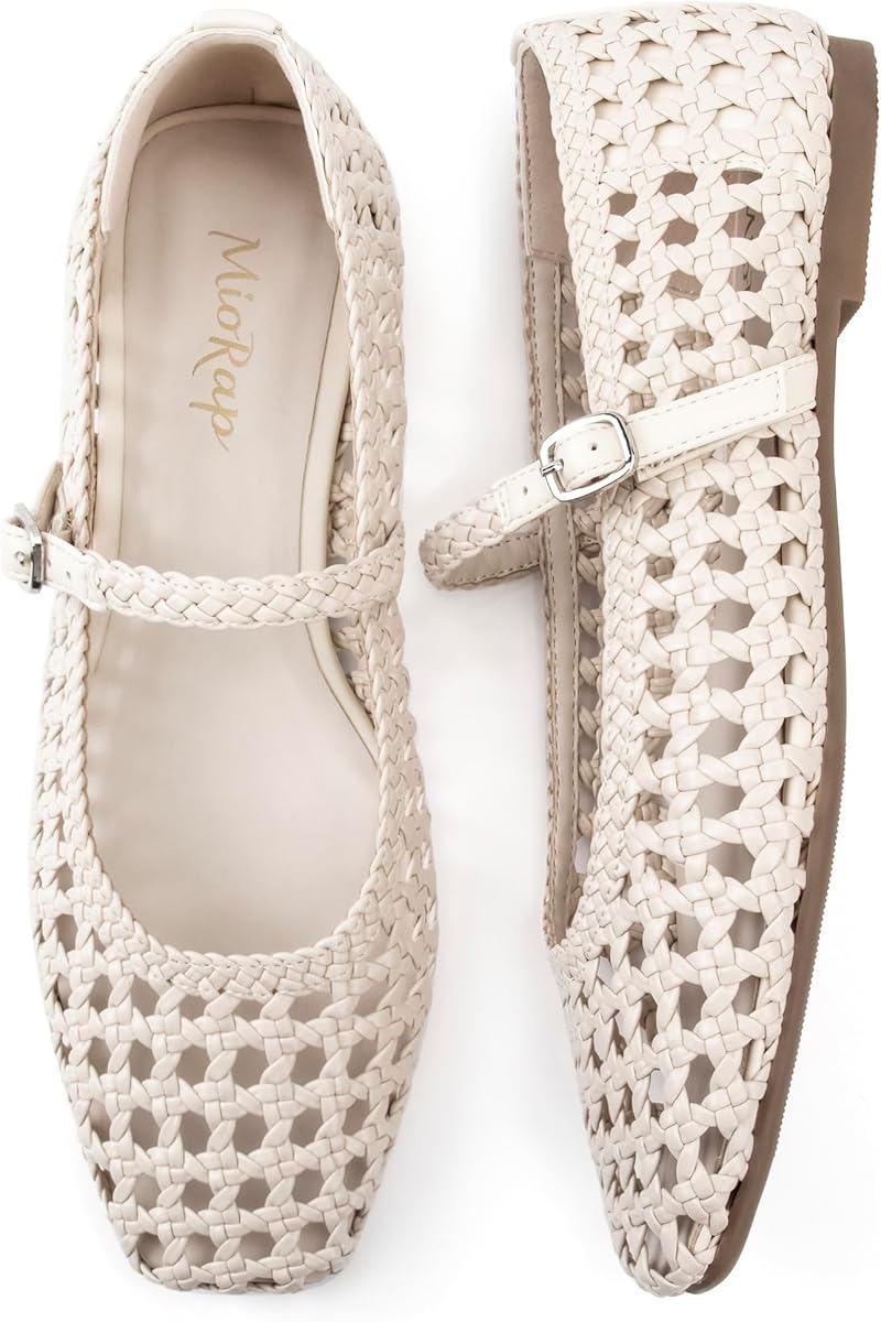 Woven Ballet Flats Shoes for Women Square Toe Mesh Mary Jane Flat with Adjustable Strap, Dressy, Comfortable and Cute Ballerina