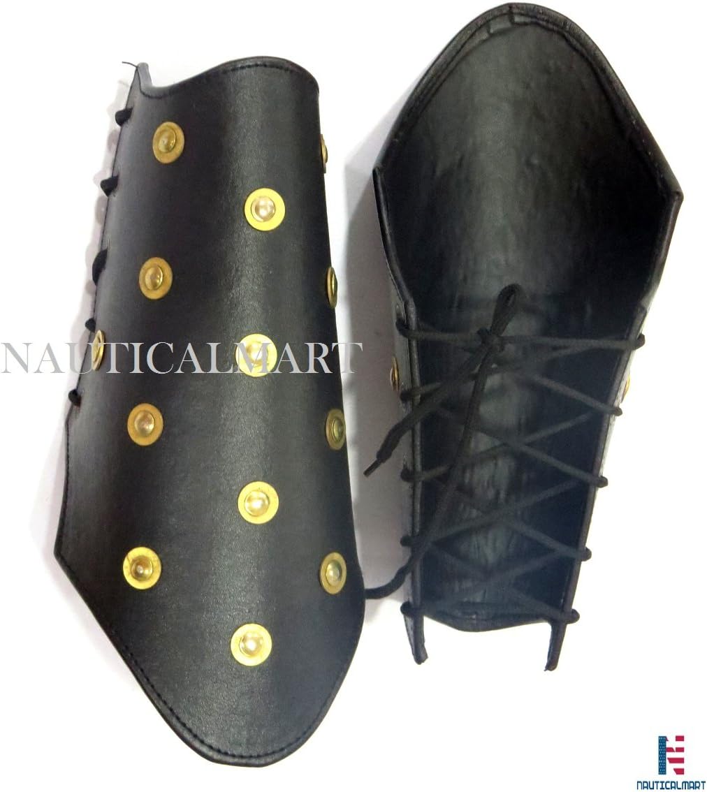 NauticalMart Black Leather Arm Bracers Studded Brass Washer Arm Guard Set
