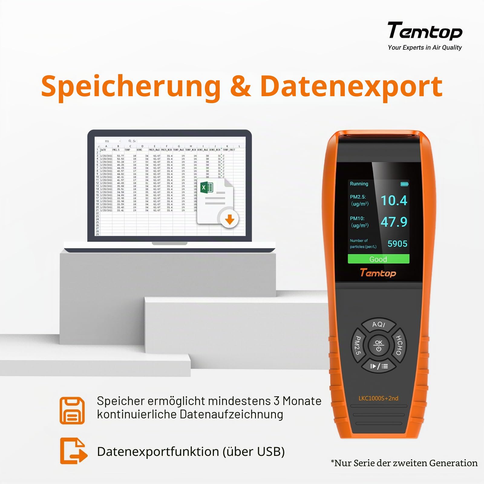 Temtop LKC-1000S+ 2nd Luftqualitätsdetektor Innenraum Monitor HCHO TVOC PM2.5 PM10