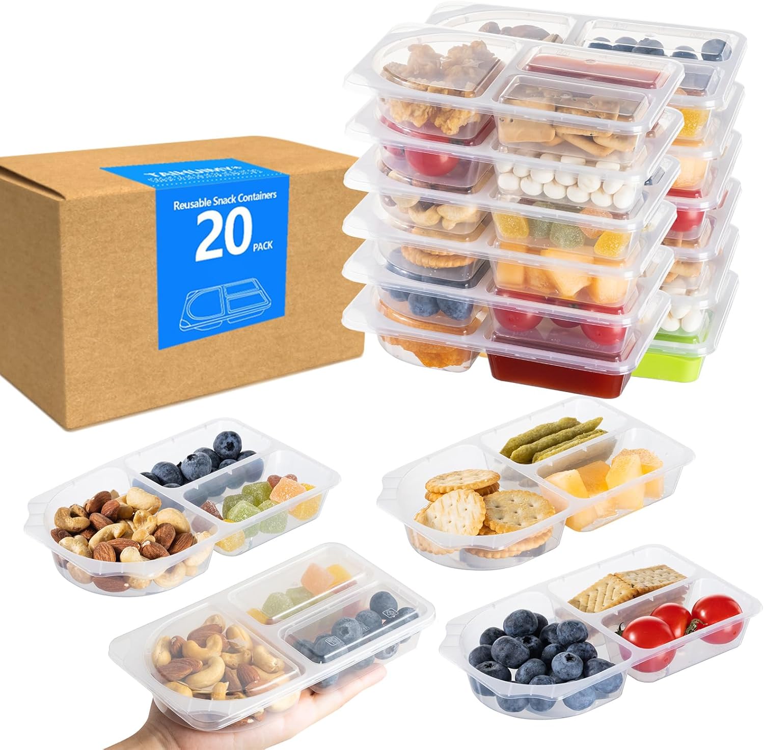 9oz Reusable Snack Containers with Lids for Kid, New 3 Compartment Large Capacity Condiment Portion Control Meal Prep Containers for School lunch, Go out Travel, Party (20, 9, ounces)