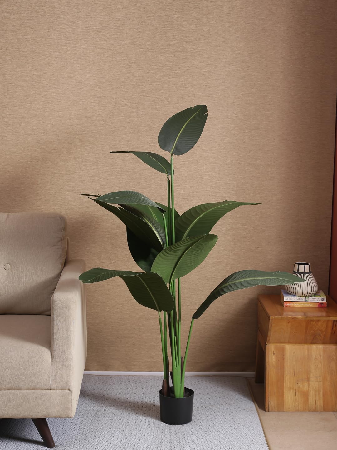 Home Bloom Artificial Banana Plant for Home/Office Decor/Gifting | Natural Looking Leaves | 150 cm Tall Ornamental Plant with Basic Black Pot | Pre-Potted Indoor Plant,Polyester