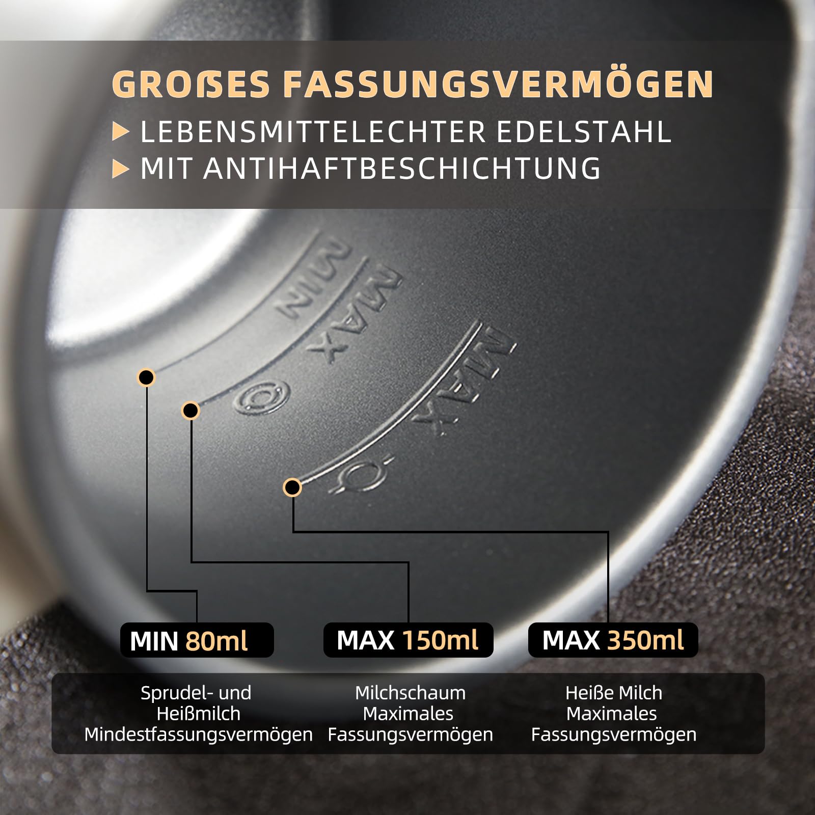 JIANYANA Elektrischer Milchaufschäumer 5-in-1,350ml Edelstahl Milchschäumer Heiß & Kalt mit,Leise,Für Dicken Schaum,Dünnen Schaum,Heiße Milch–Inkl.Schneebesen für Cappuccino,Latte,Kakao (Schwarz)