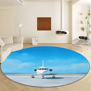 Round Carpet 7' x 7' for Living Room, Realistic Photography Washable Round Rug Runner for Bedroom Non-Slip Carpet for Dining Room - Soft Airport Airplane Clouds Print Floor Mat for Office Bathroom