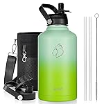 BUZIO 64oz Insulated Water Bottle, Triple Wall Stainless Steel (Cold for 48 Hrs) Leakproof Half gallon Jug/Flask with Straw Lid and Carry Bag for Sports Hiking, Camping, Gradient Green