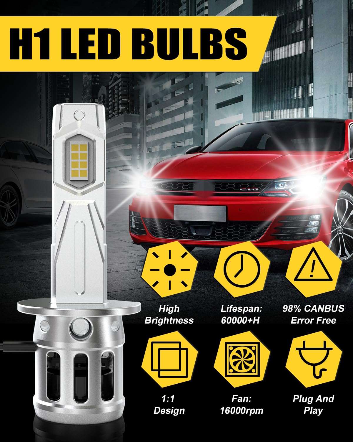 Żarówka LED H1 100W 40000LM, 800% Jaśniejsza Światło Białe 6000K, Miniaturowa Żarówka Przednia H1 LED W Skali 1:1, System Plug And Play, Opakowanie 2 Sztuki