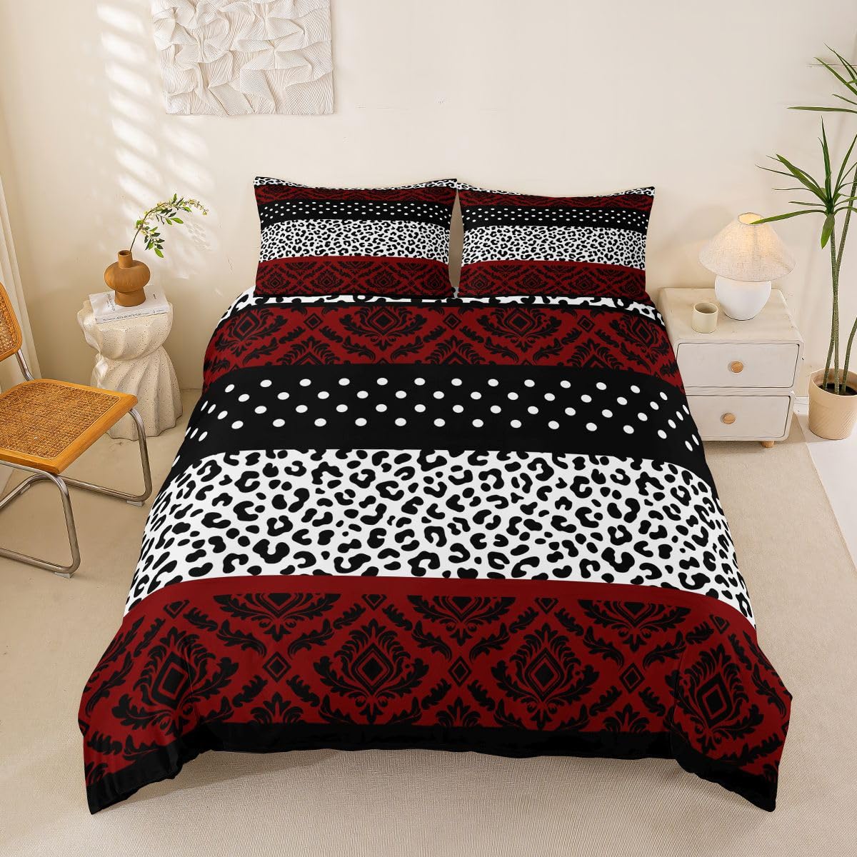 Housse de couette 200x200cm rouge damask avec taies d'oreiller patchwork