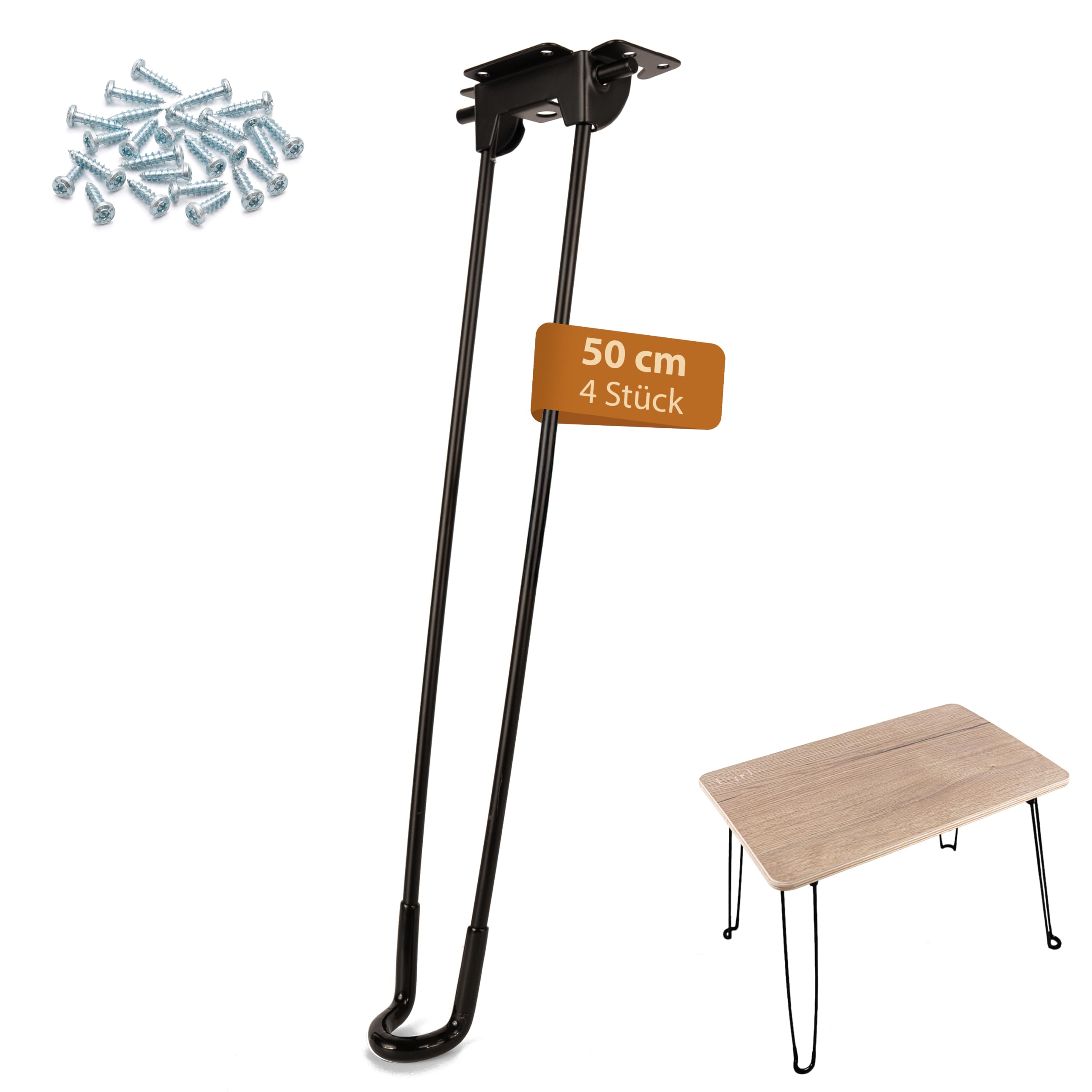 KYOOB Klappbare Haarnadel Tischbeine 50 cm mit hochwertigen Assy Schrauben | Metall-Tischbeine für Couchtisch & Beistelltisch | robuste Hairpin Legs | platzsparend, modern & leicht montierbar