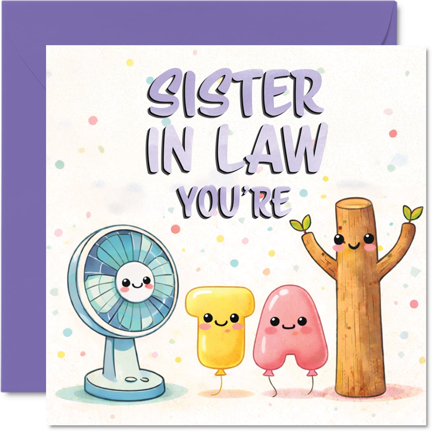 Playful Birthday Card for Sister in Law - Cheerful Vibes All Round - Cute Cartoon Fan and Tree Design in Pastel Purple - Sure to Brighten Her Day - 145mm Square, Envelope Included