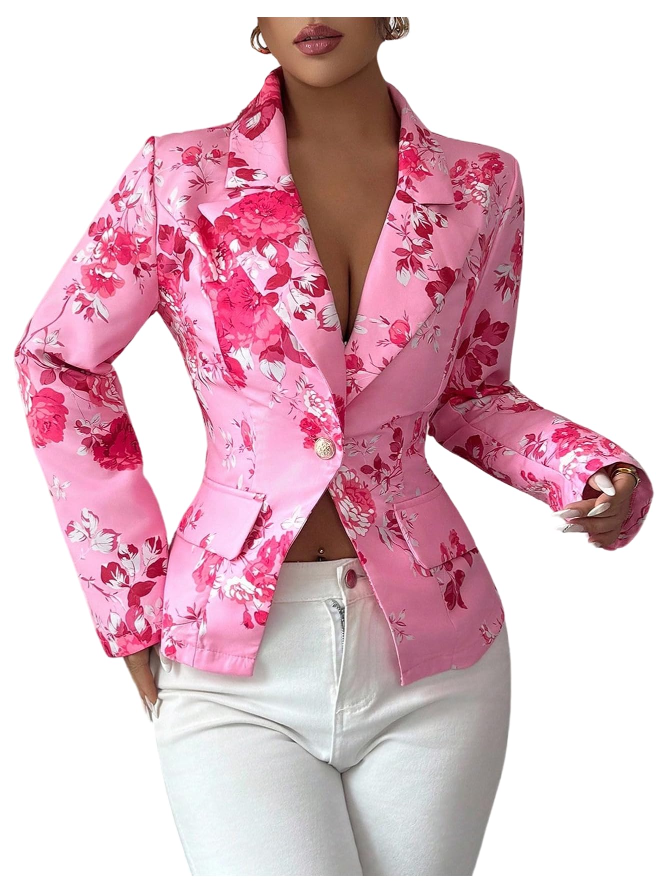 Floerns Womens Floral Long Sleeve Work Blazers Button Front Dressy Casual Suit Jacket