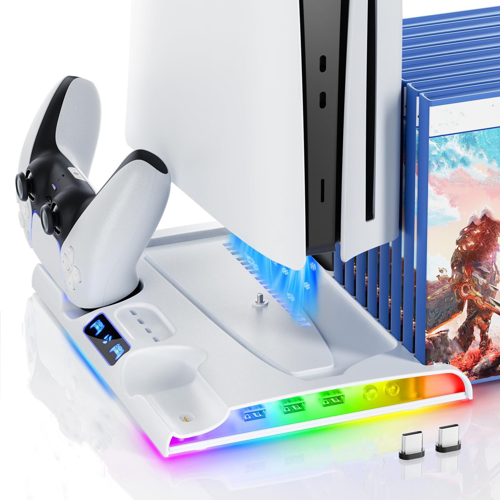 – X spring Stand Cooling Station, Vertical Stand with Cooling Fan and Dual Controller Charger, Compatible with Disc and Digital Edition, with 8 Game Slots, RGB Lights and 3 USB Ports